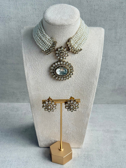 Ayura Designs Amaya Necklace Set with Studs – Antique Finish in Crystal Stones with Pearl Strands