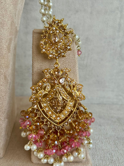 Ayura Designs Faryal Bridal Set with Necklace, Earrings, Tikka & Jhoomar – Antique Gold, Pearl & Blush Pink Detailing
