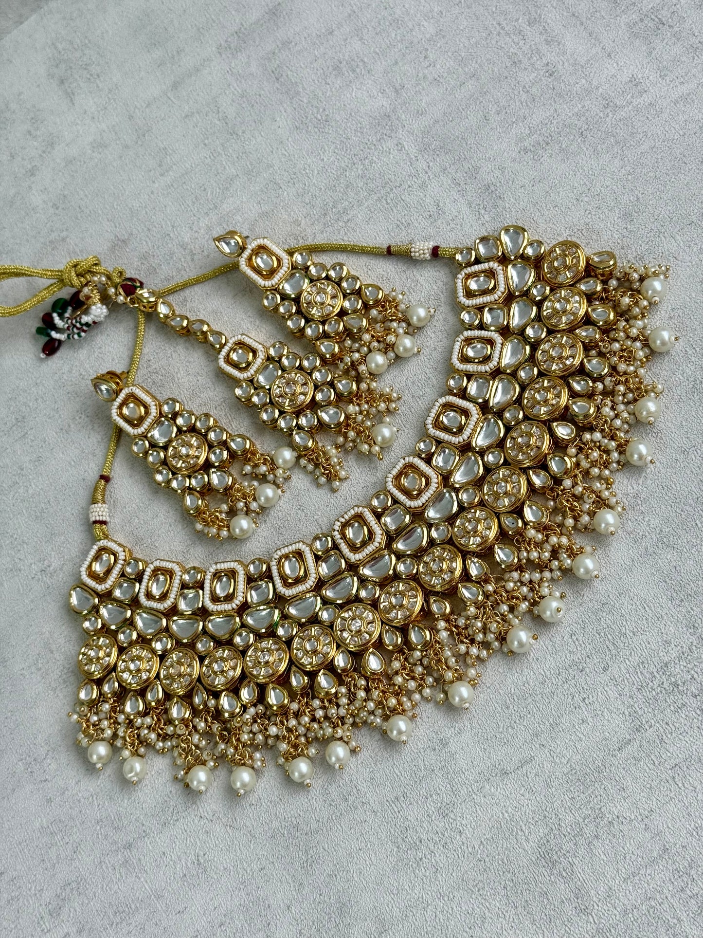 Ayura Designs Suhana Bridal Set with Necklace, Earrings & Tikka – Kundan Stones with Pearl Detailing in Antique Gold Finish