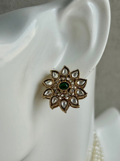 Ayura Designs Amaya Necklace Set with Studs – Antique Finish in Emerald Green Stones with Pearl Strands