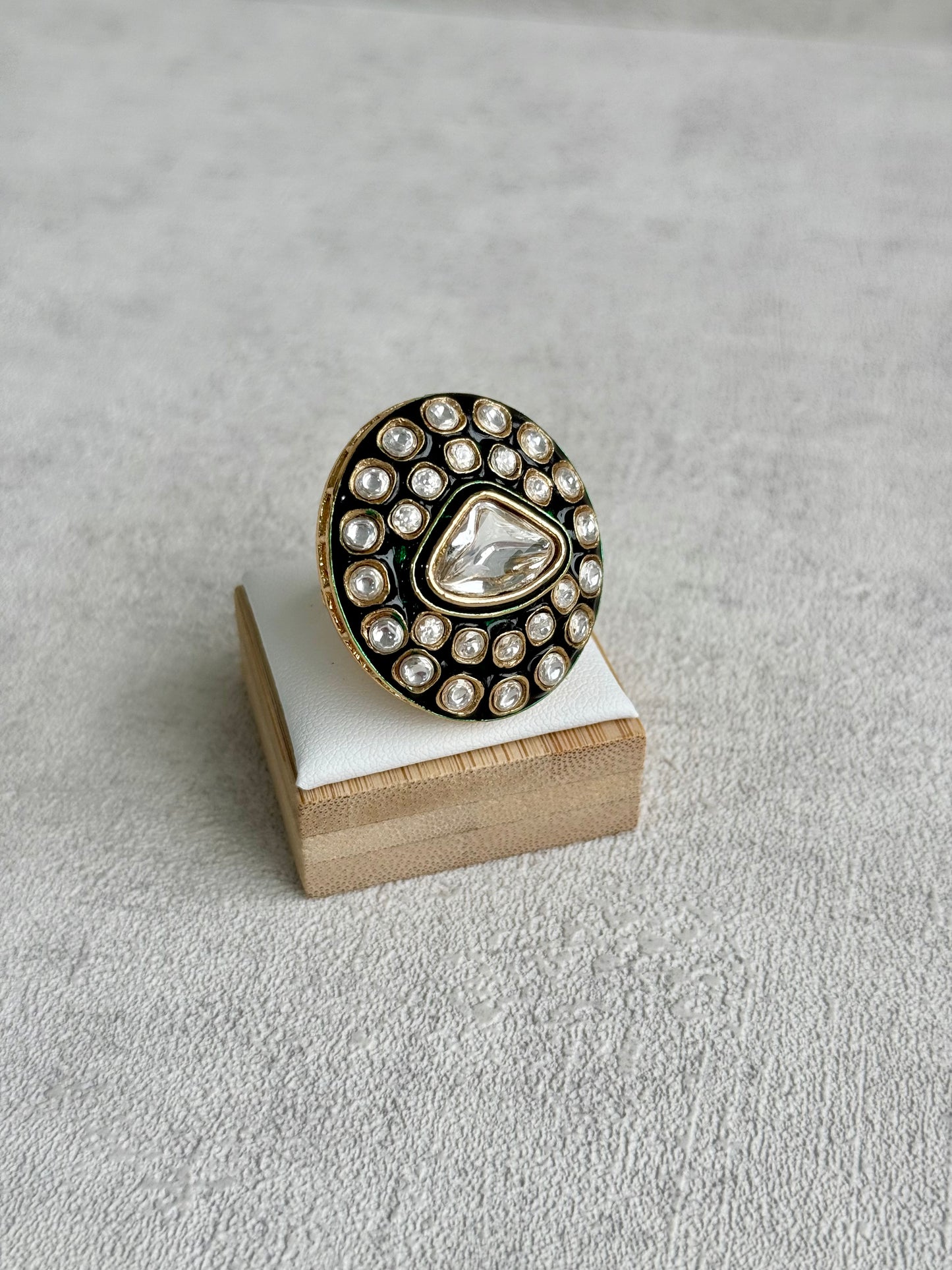 Ayura Designs Firdos Adjustable Ring – Mirror-Cut Stone Statement Ring with Green Enamel