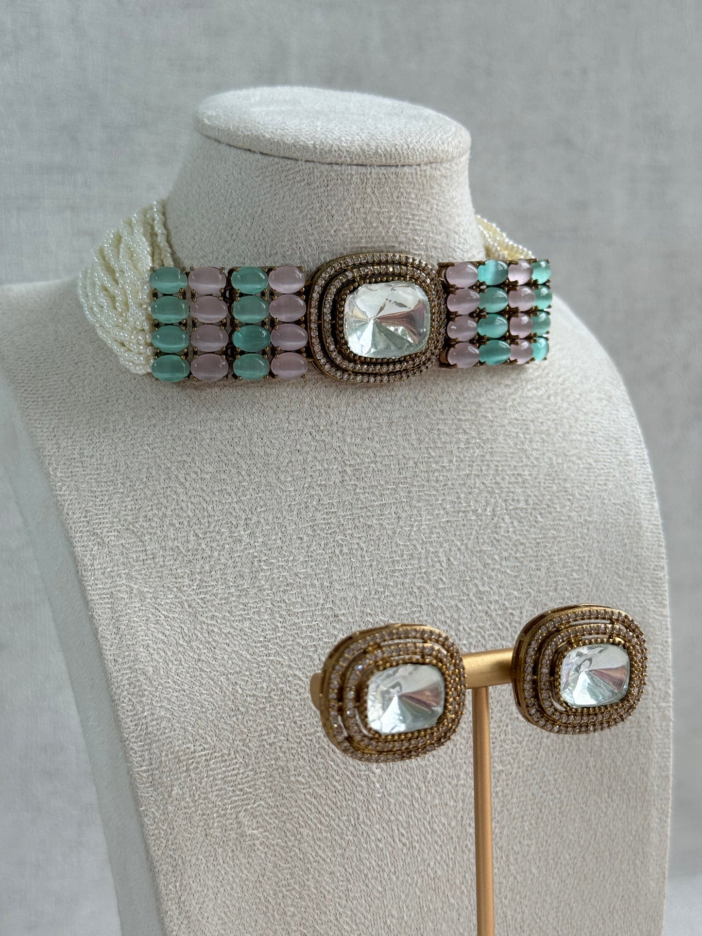 Ayura Designs Emma Choker Set – Mint Green & Blush Pink Gemstone Choker & Studs with Mirror-Cut Centrepiece, Pearl Strands & Crystal Borders