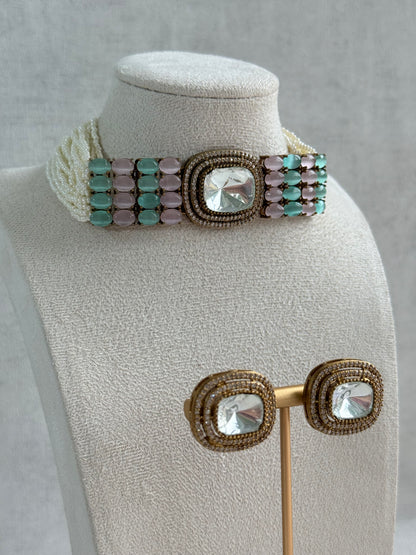Ayura Designs Emma Choker Set – Mint Green & Blush Pink Gemstone Choker & Studs with Mirror-Cut Centrepiece, Pearl Strands & Crystal Borders