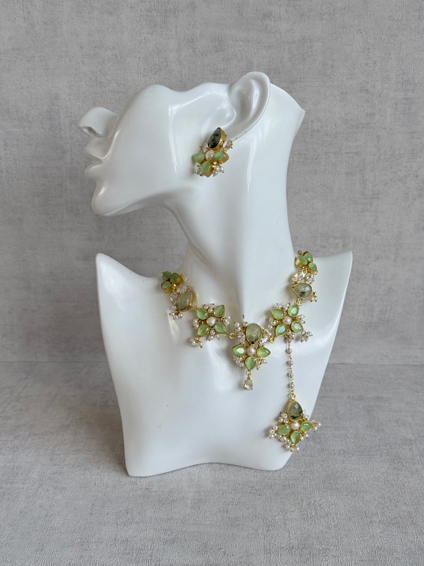 Ayura Designs Zaria Set with Tikka & Earrings – Prehnite with Pearls & Crystals