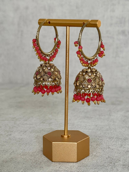 Ayura Designs Jugni Bali Jhumkas – Antique Gold with Coral Peach Beads