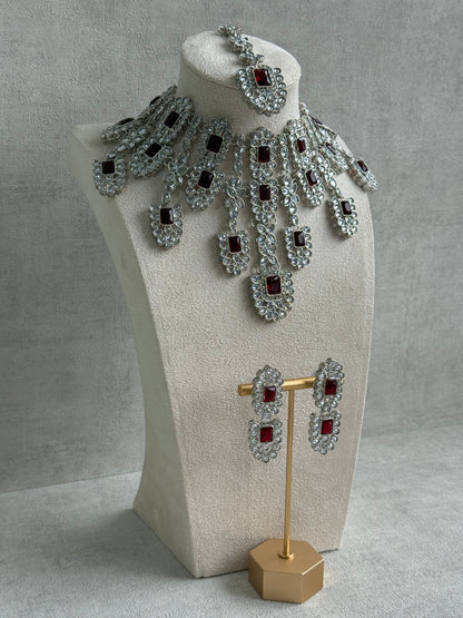 Ayura Designs Zinnia Set – Necklace, Earrings & Tikka with Ruby Red Stones and Mirror-Cut Polki in Silver Finish