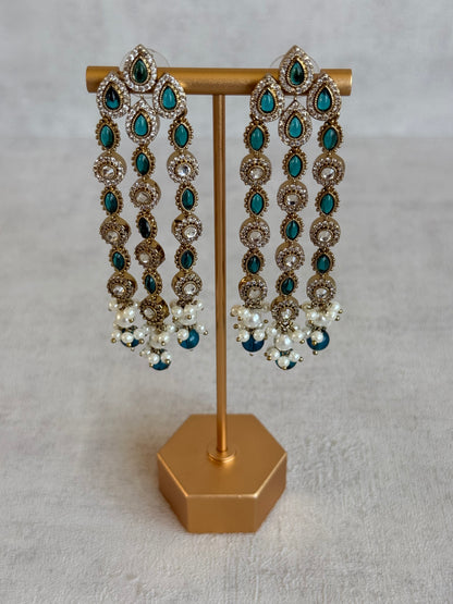 Ayura Designs Emilia Earrings – Gold Triple Strand Statement Earrings with Peacock Blue Stones & Pearl Drops