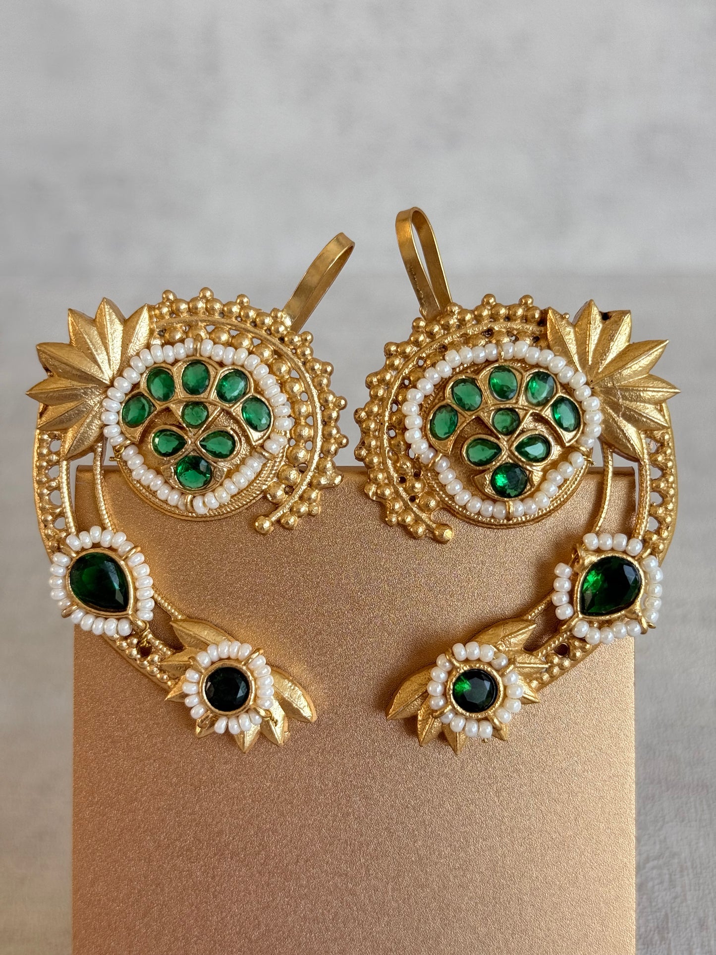 Ayura Designs Raatani Ear Climbers – Emerald Green Ear Climbers with Pearl Detailing & Floral Cutwork Design