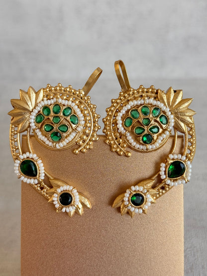 Ayura Designs Raatani Ear Climbers – Emerald Green Ear Climbers with Pearl Detailing & Floral Cutwork Design