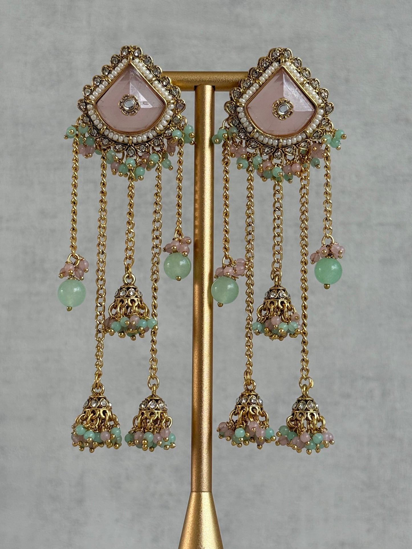 Ayura Designs Tanika Earrings – Blush Pink & Mint Green Duster Earrings with Jhumki Drops