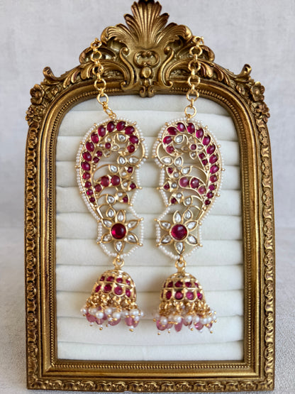 Ayura Designs Urisha Ear Climber Jhumkis – Ruby Pink, Kundan & Pearl Detailing