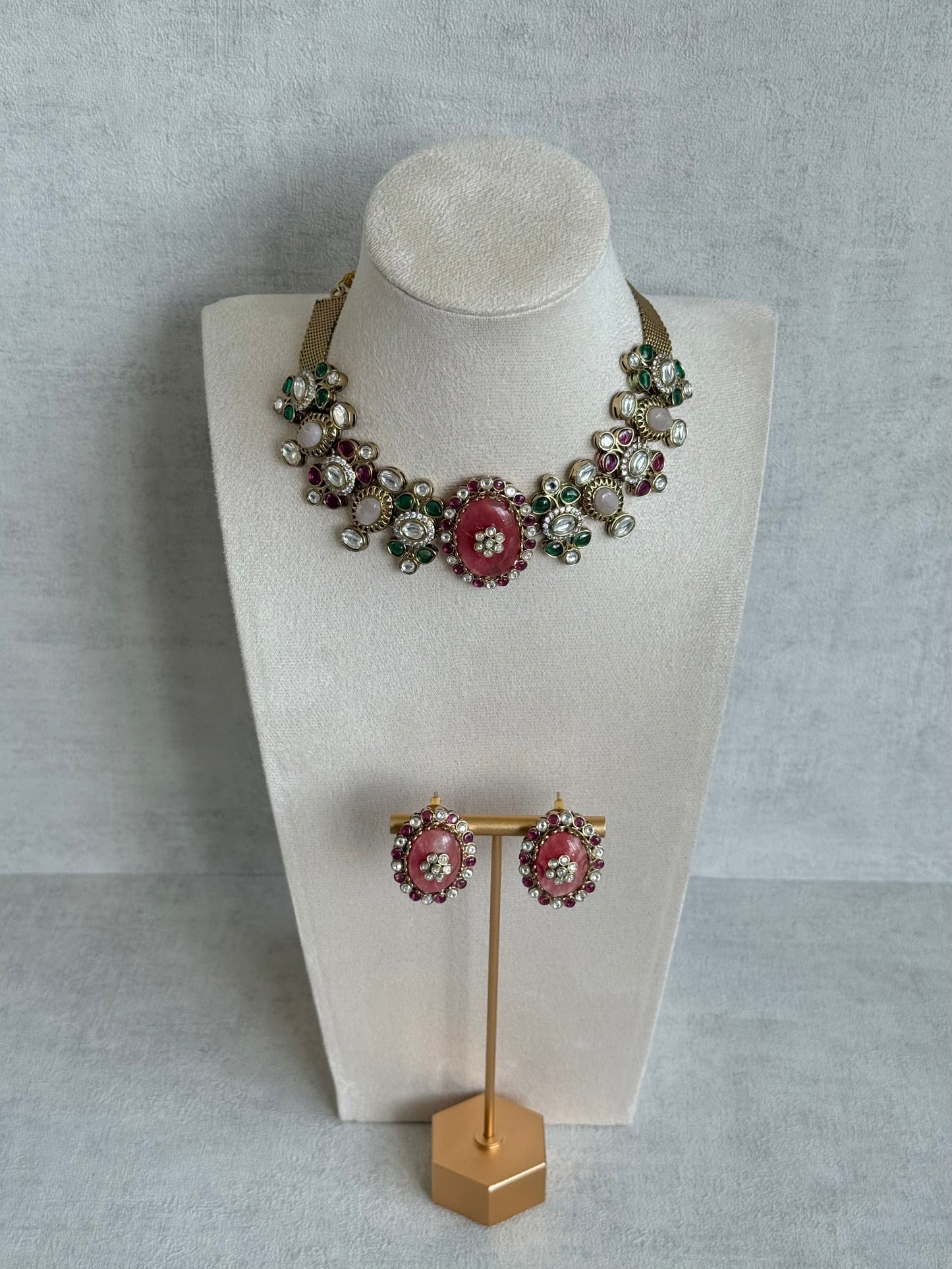 Ayura Designs Nova Necklace Set with Stud Earrings – Rose Pink Centre Stone, Kundan Detailing & Multicolour Gemstone Accents