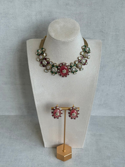 Ayura Designs Nova Necklace Set with Stud Earrings – Rose Pink Centre Stone, Kundan Detailing & Multicolour Gemstone Accents