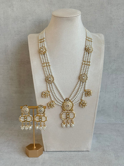 Ayura Designs Krisa Necklace Set with Earrings – Long Kundan Necklace with Pearl Strands & Gold Detailing