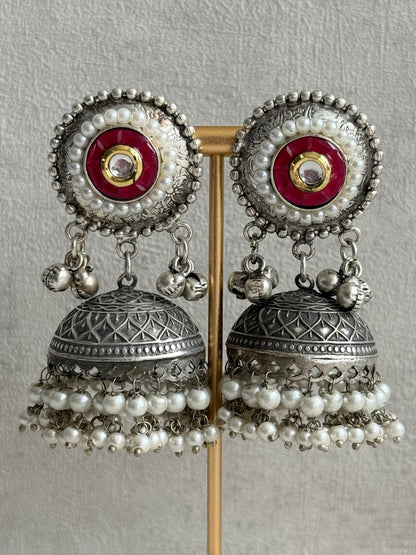 Ayura Designs Zareefa Necklace Set with Jhumkis – Oxidised Silver Pendant Necklace with Multicolour Stones, Pearl Detailing & Ghungroo Accents