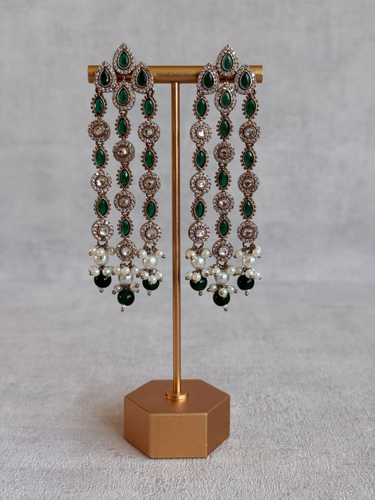 Ayura Designs Emilia Earrings – Gold Triple Strand Statement Earrings with Emerald Green Stones & Pearl Drops