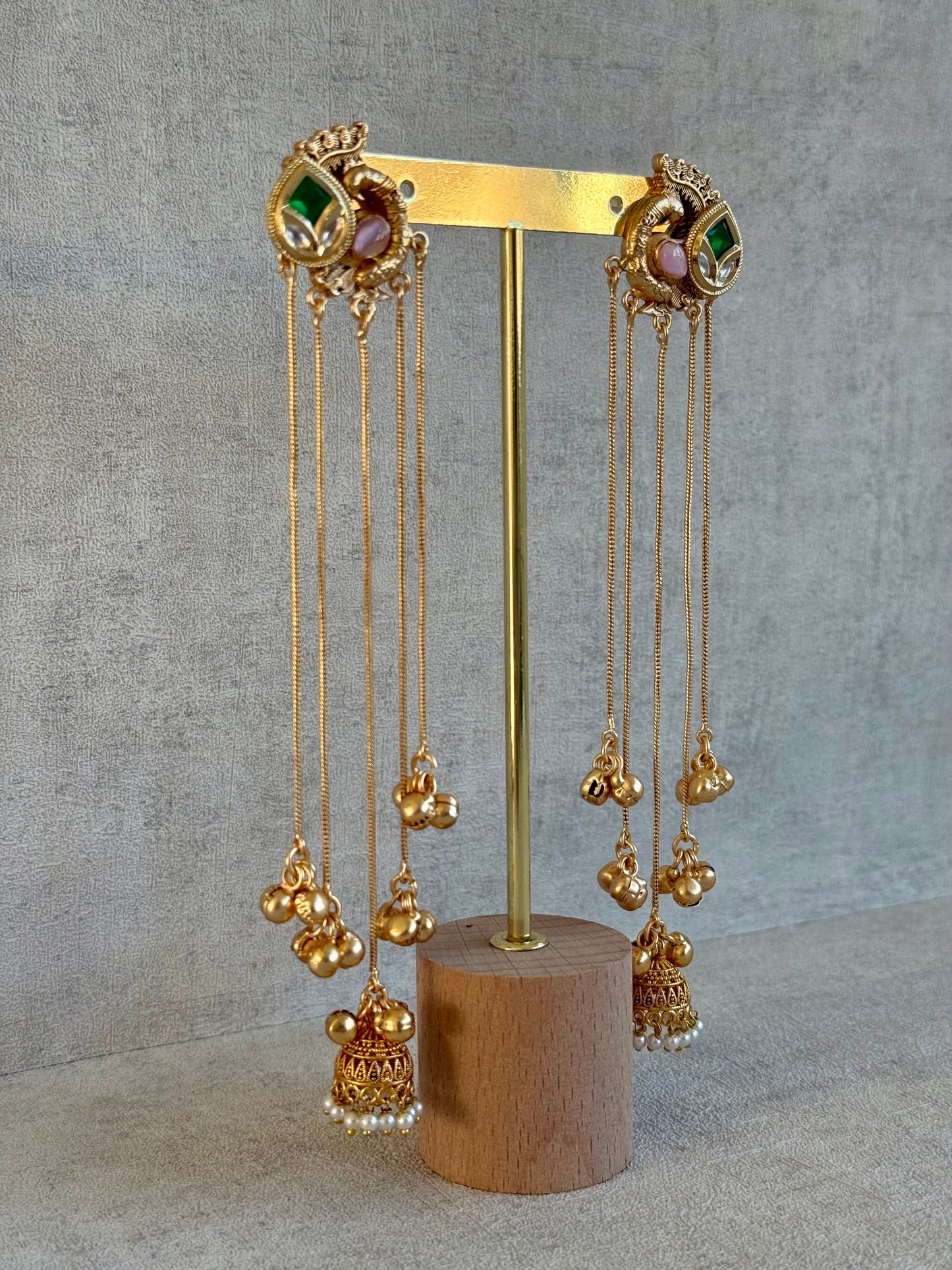 Ayura Designs Morira Earrings – Antique Gold Jhumki Earrings with Kundan Stones, Chains & Ghungroo Detailing