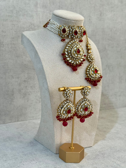 Ayura Designs Tehreem Set with Necklace, Earrings & Tikka – Mirror-Cut Stones, Fuchsia Beads & Antique Gold Finish