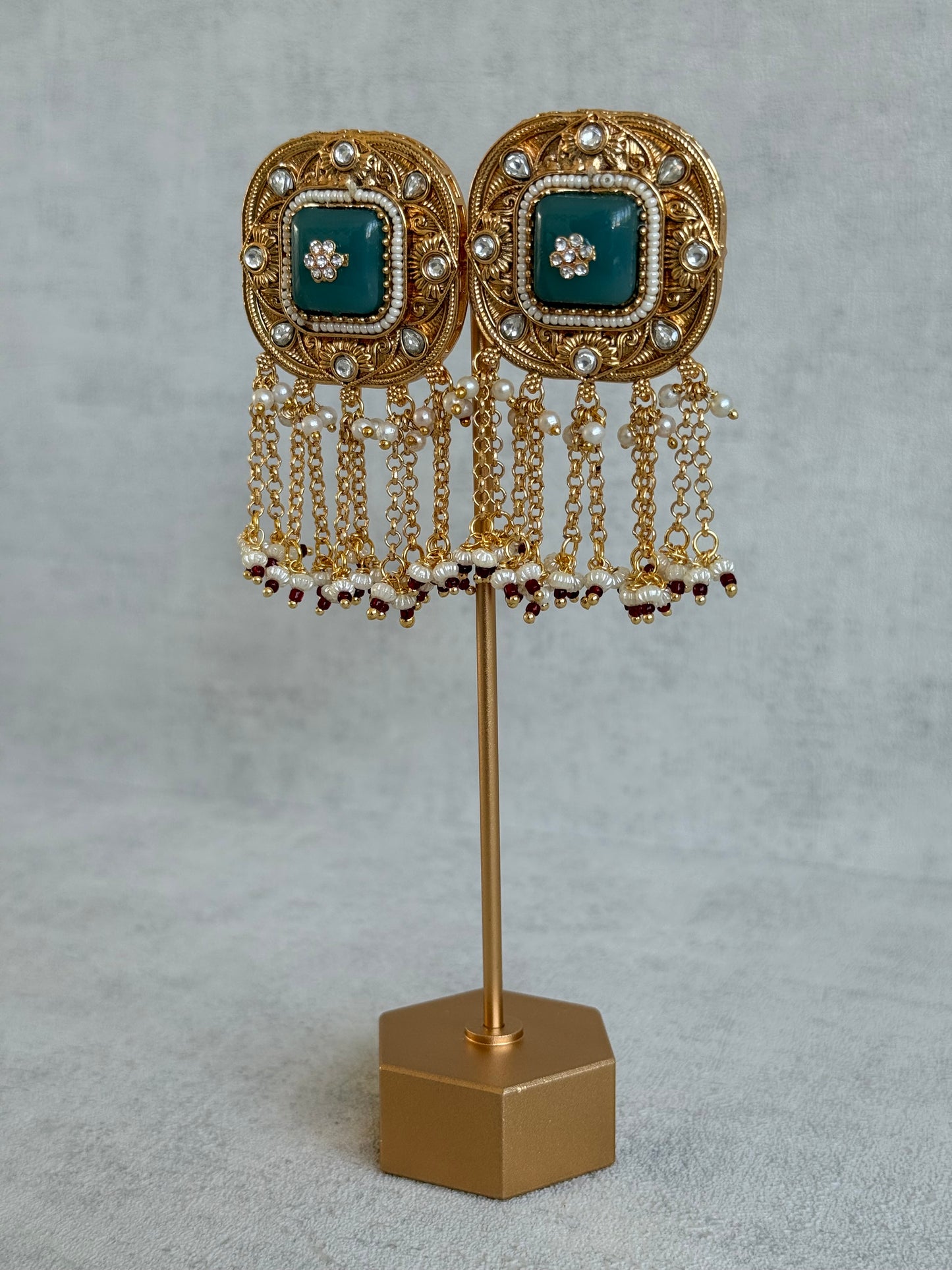 Ayura Designs Gunjal Earrings – Sage Green Chain Drop Studs with Kundan & Bead Detailing