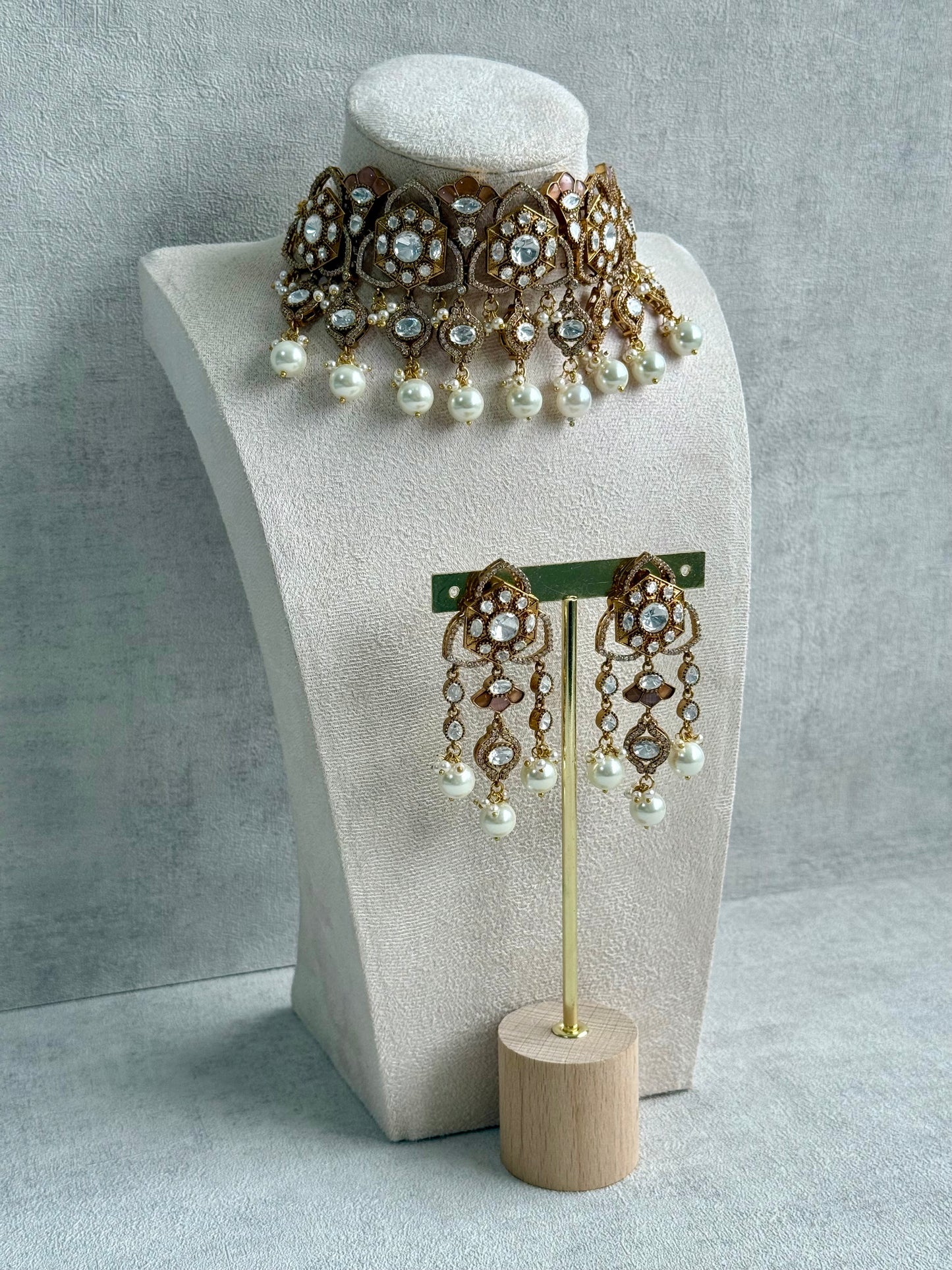 Ayura Designs Serina Choker Set with Earrings – Nude Blush Enamel, Mirror-Cut Stones & Pearl Drops