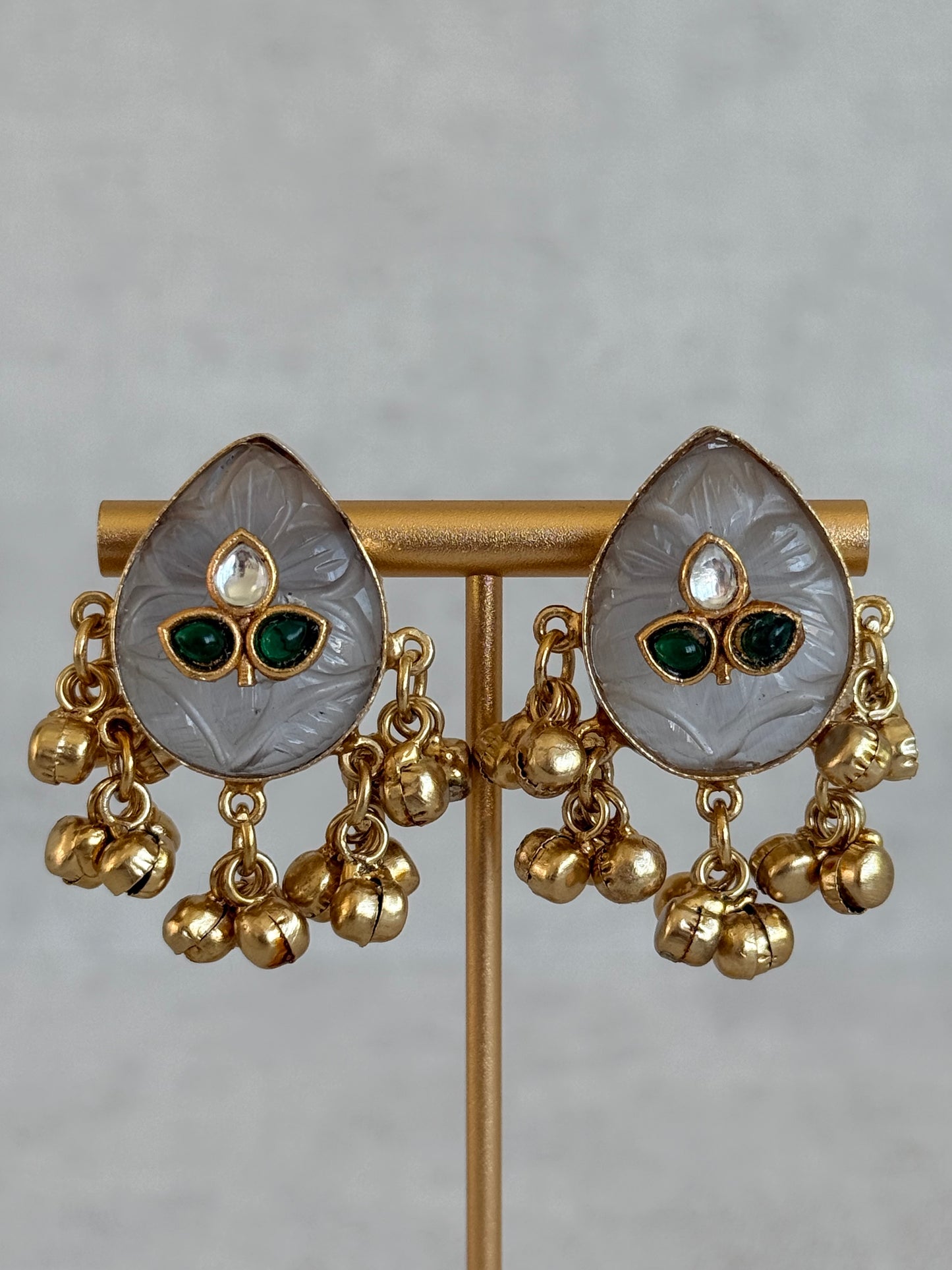 Ayura Designs Aykai Earrings – Grey Carved Teardrop Stud Earrings with Clear Kundan Stones and Gold Ghungroo Drops