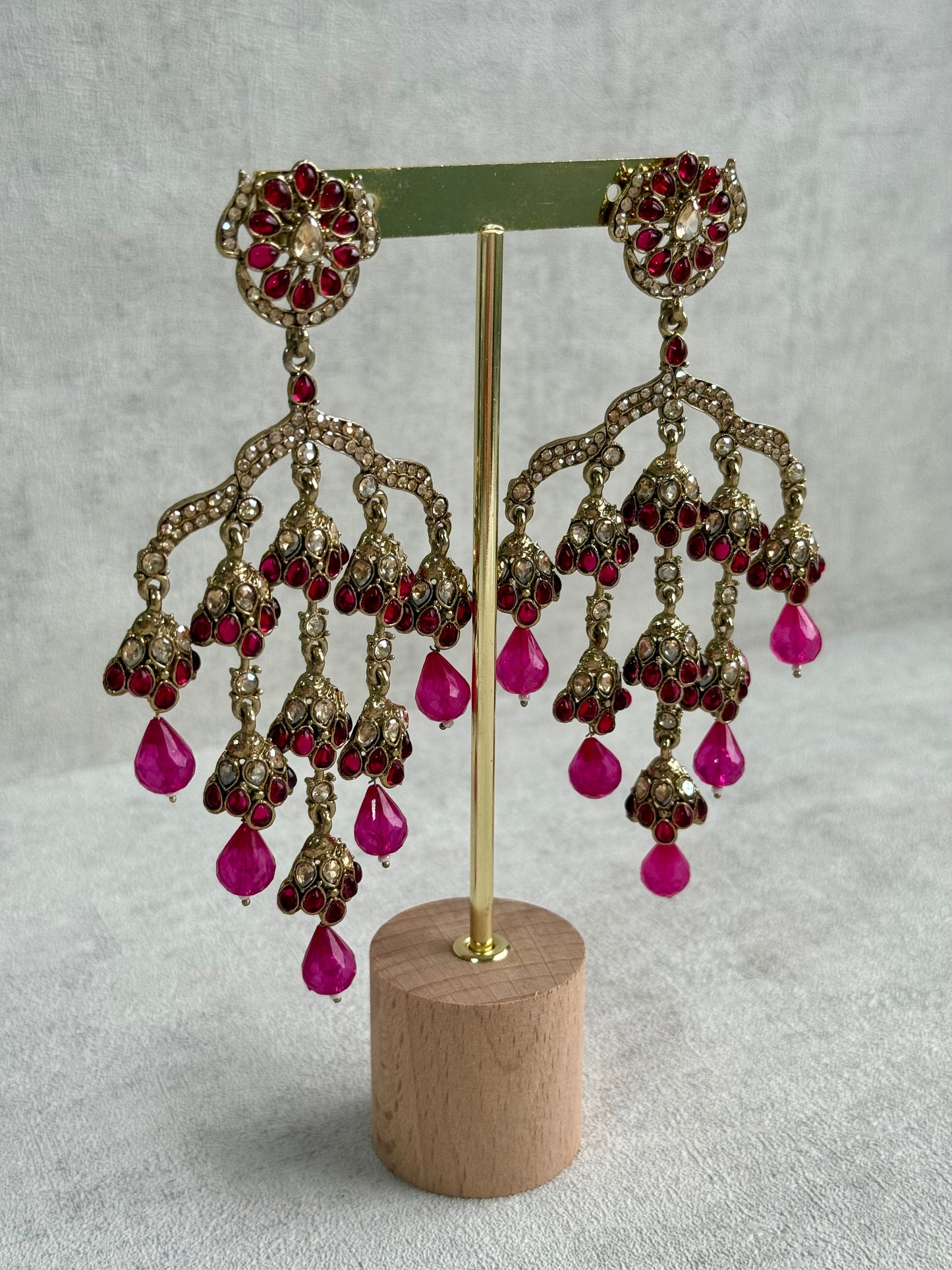 Ayura Designs Jasmine Earrings – Chandelier Earrings with Fuchsia Beads & Antique Gold Detailing