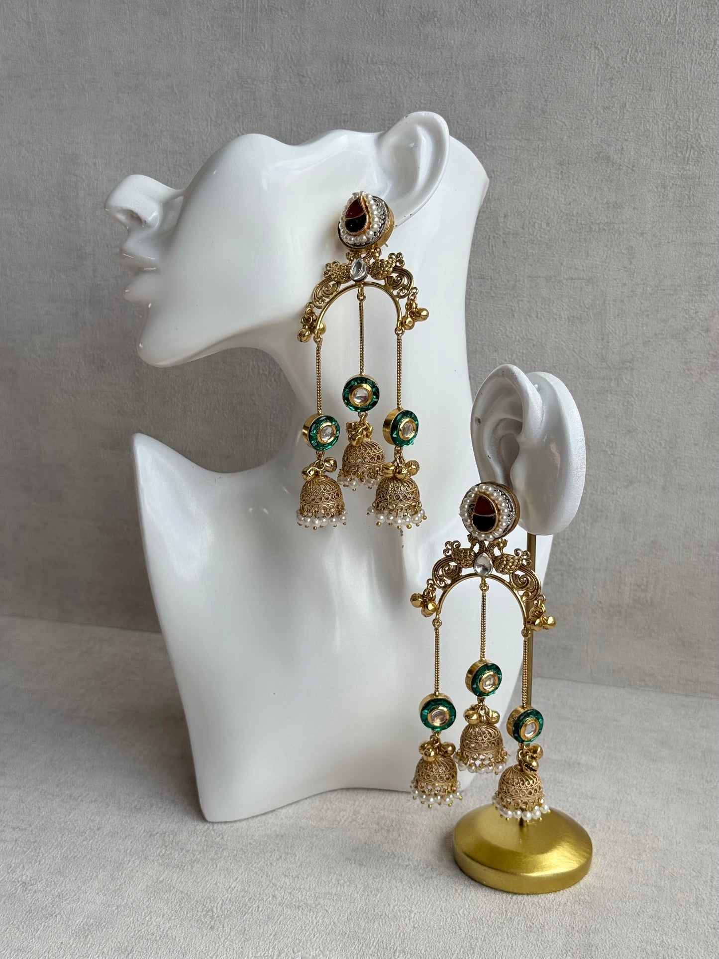 Ayura Designs Arzina Earrings – Triple Jhumki Earrings with Emerald Green Stones, Pearl Borders & Gold Detailing
