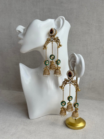 Ayura Designs Arzina Earrings – Triple Jhumki Earrings with Emerald Green Stones, Pearl Borders & Gold Detailing