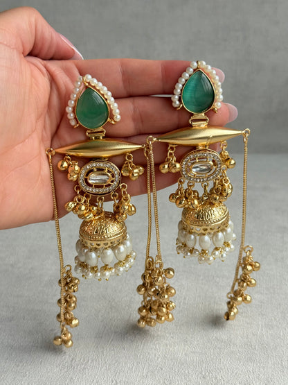Ayura Designs Hoorza Earrings – Kashmiri Earrings with Mint Green Stones, Pearl Detailing & Ghungroo Chains