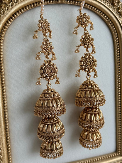 Ayura Designs Preet Sahare Jhumkis – Antique Gold Finish with Triple Dome Design