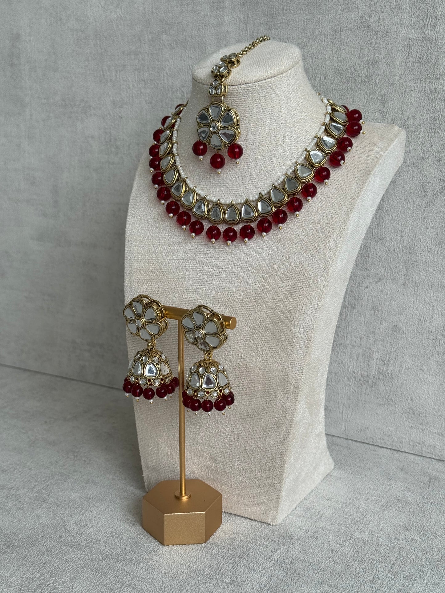 Ayura Designs Mishal Set with Jhumkis & Tikka – Ruby Red Beads & Mirror-Cut Stones