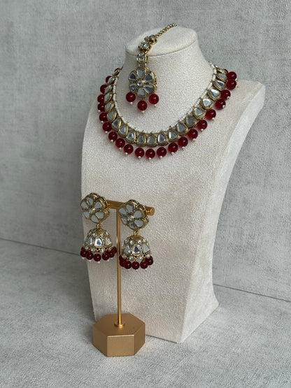 Ayura Designs Mishal Set with Jhumkis & Tikka – Ruby Red Beads & Mirror-Cut Stones