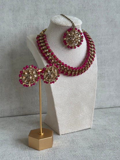 Ayura Designs Hala Set with Tikka & Studs – Magenta Beads & Champagne Kundan