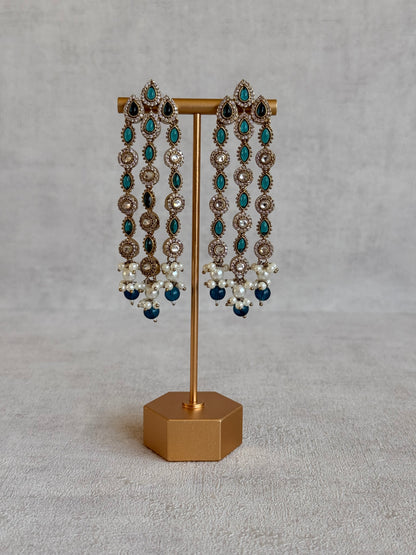 Ayura Designs Emilia Earrings – Gold Triple Strand Statement Earrings with Peacock Blue Stones & Pearl Drops