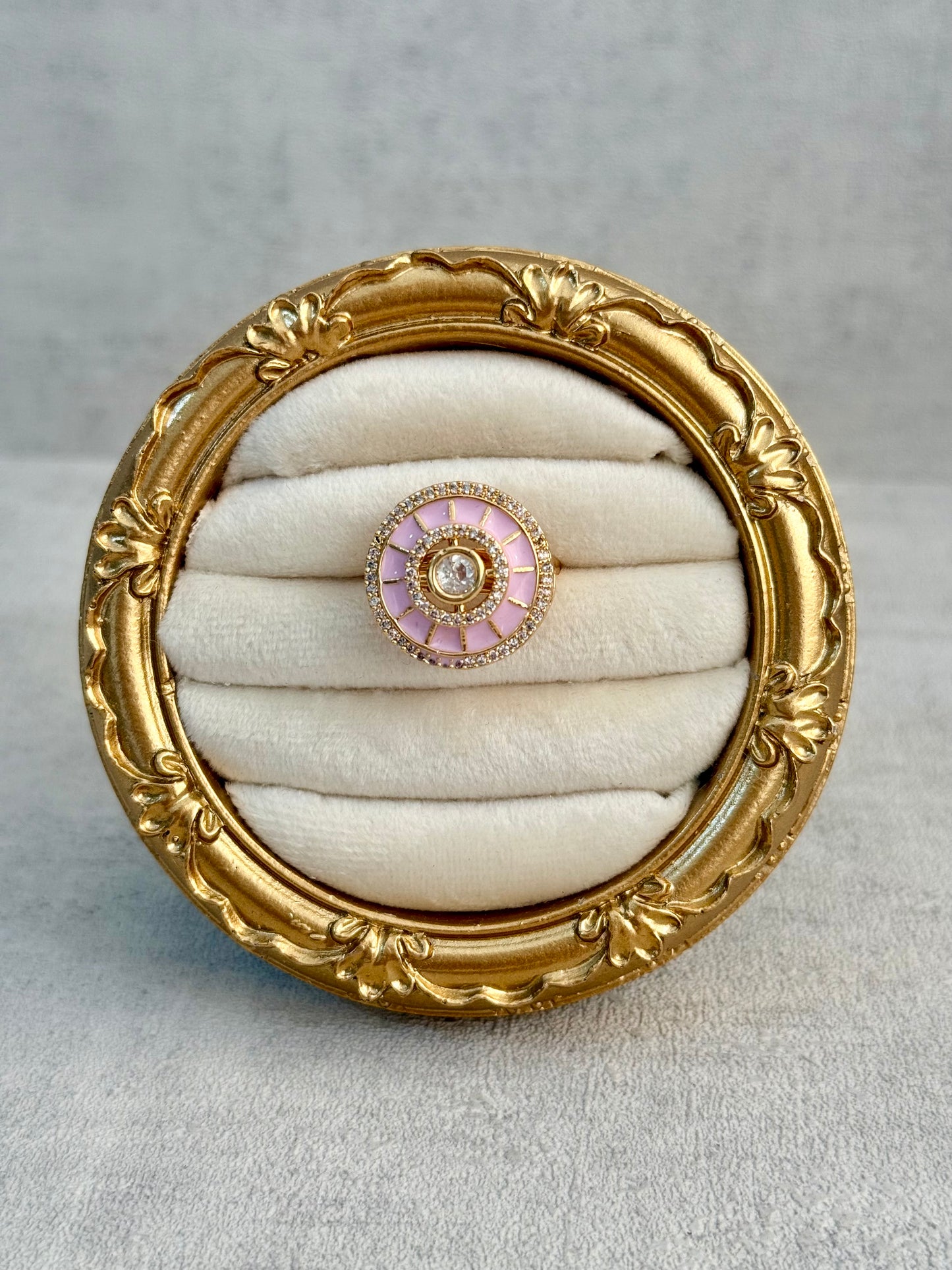 Ayura Designs Maisie Adjustable Ring – Blush Pink Enamel with Crystal Border & Moissanite Centre