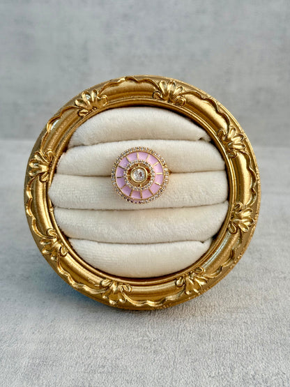 Ayura Designs Maisie Adjustable Ring – Blush Pink Enamel with Crystal Border & Moissanite Centre