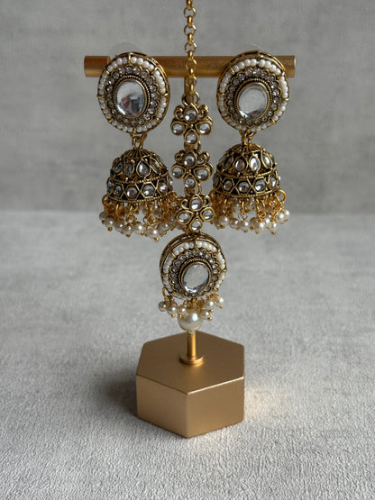 Ayura Designs Muskaan Set – Choker, Jhumkis & Tikka with Ivory Pearls, Mirror-Cut Kundan Stones & Antique Gold Finish