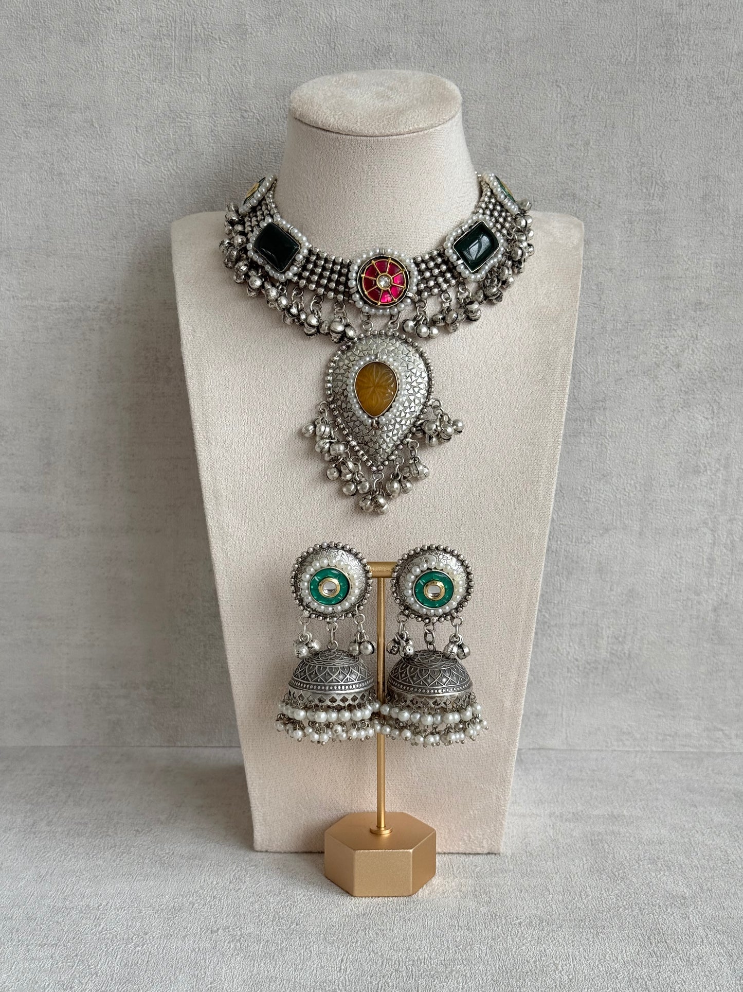 Ayura Designs Izel Necklace Set with Jhumkis – Oxidised Silver Statement Necklace with Multicolour Stones & Ghungroo Detailing