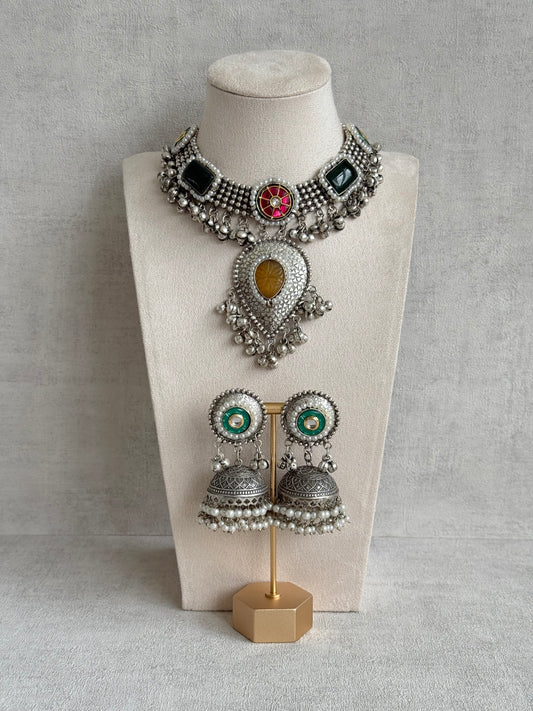Ayura Designs Izel Necklace Set with Jhumkis – Oxidised Silver Statement Necklace with Multicolour Stones & Ghungroo Detailing