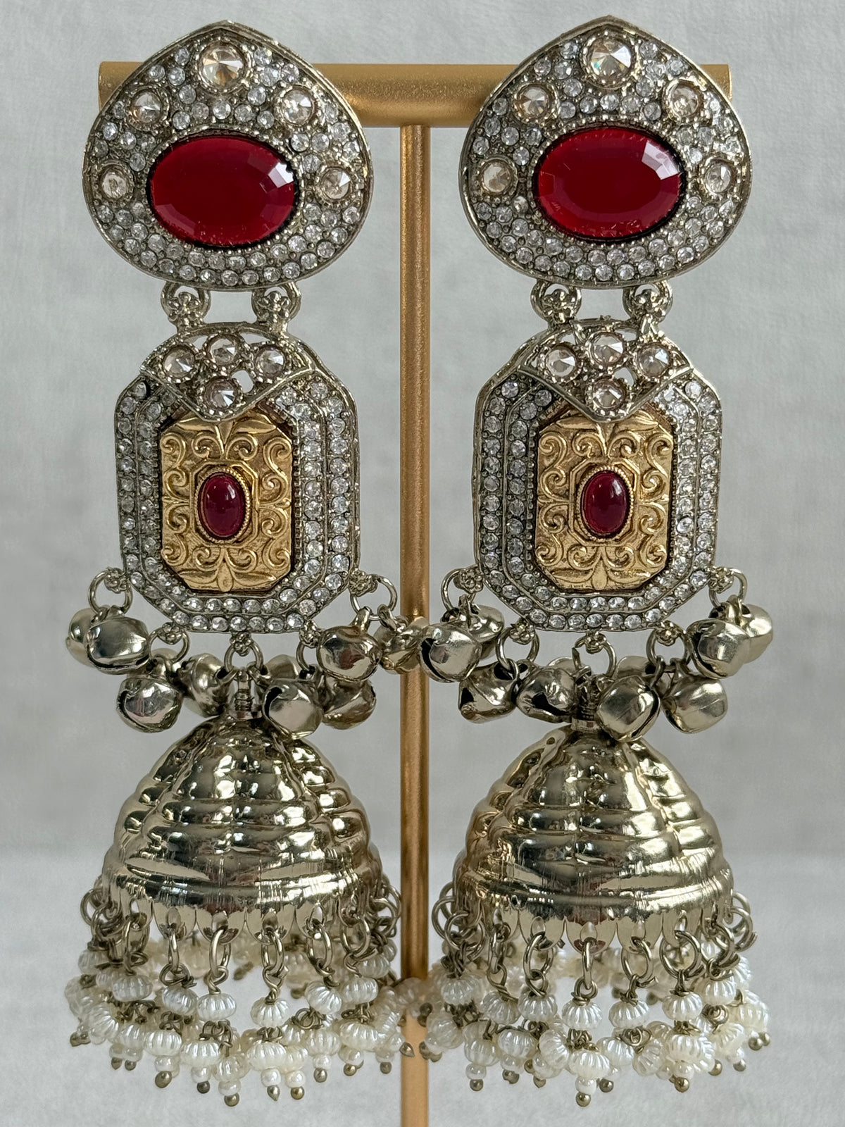 Ayura Designs Maara Jhumkis – Champagne Gold with Ruby Red Stones, Crystals, Ghungroos & Pearl Detailing