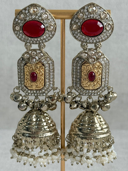 Ayura Designs Maara Jhumkis – Champagne Gold with Ruby Red Stones, Crystals, Ghungroos & Pearl Detailing
