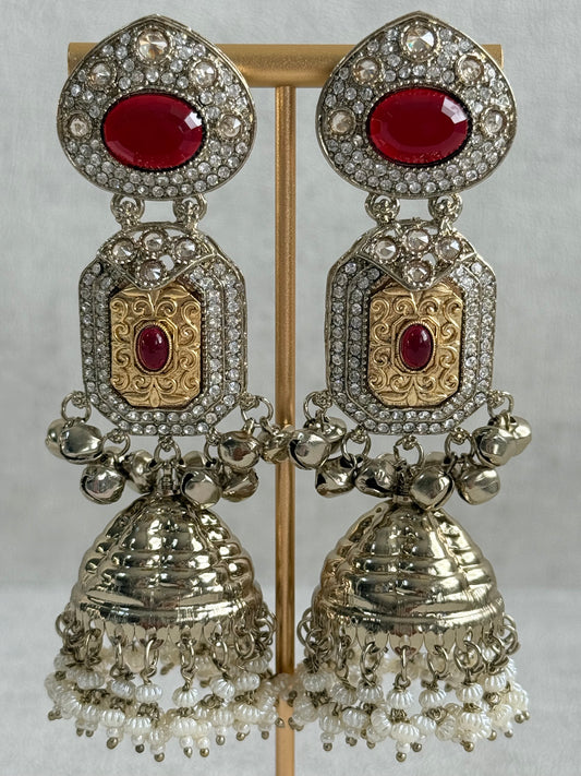 Ayura Designs Maara Jhumkis – Champagne Gold with Ruby Red Stones, Crystals, Ghungroos & Pearl Detailing