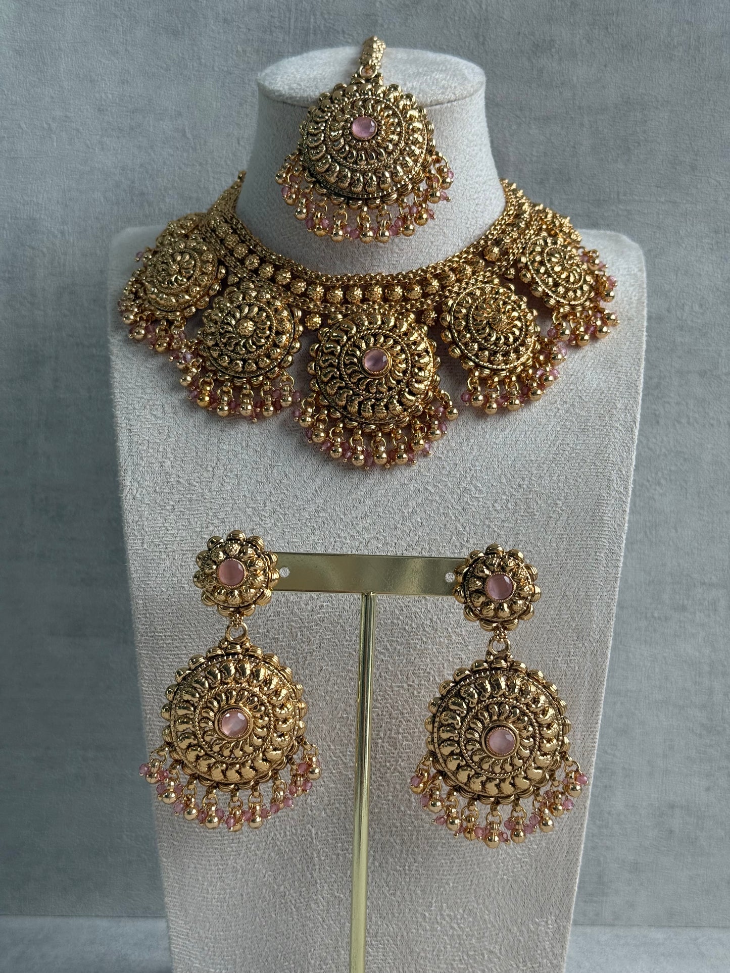 Ayura Designs Rummy Set – Statement Necklace, Earrings & Tikka with Blush Pink Beads and Polished Gold Finish