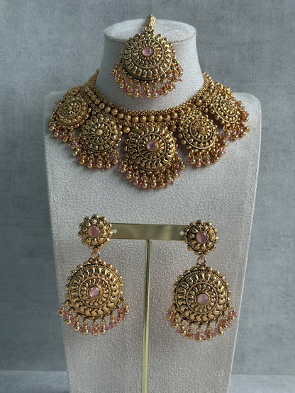 Ayura Designs Rummy Set – Statement Necklace, Earrings & Tikka with Blush Pink Beads and Polished Gold Finish
