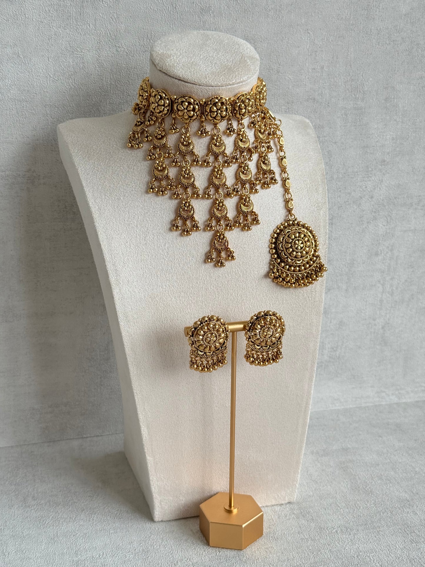 Ayura Designs Kimaya Choker Set with Earrings & Tikka – Gold Floral Waterfall Choker with Ghungroo Drops