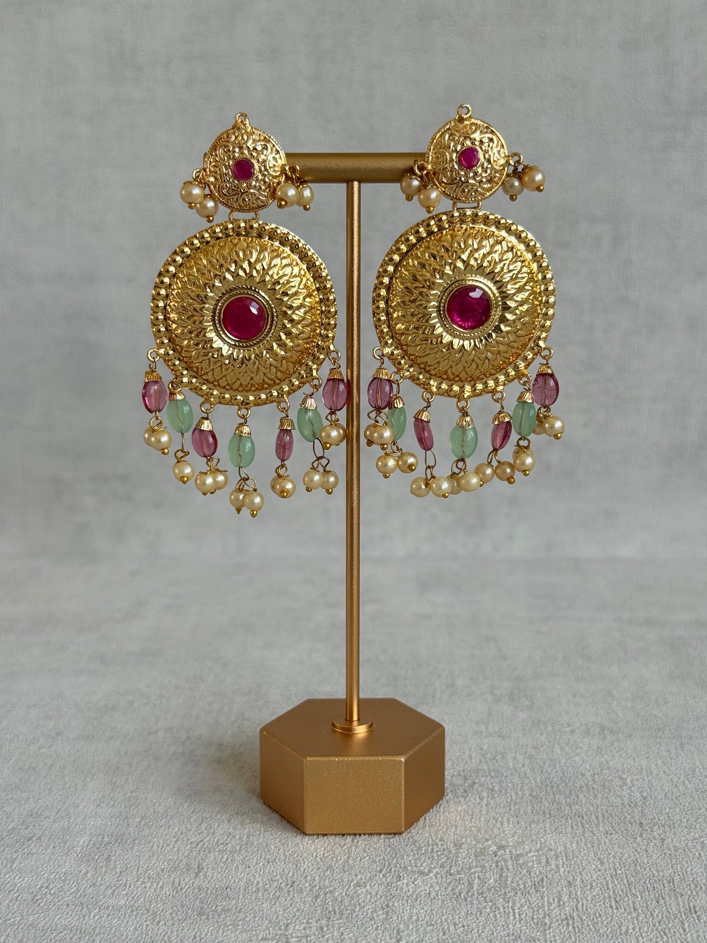 Ayura Designs Jyoti Set with Earrings & Tikka – Gold Disc Necklace with Ruby Pink, Mint Green & Pearl Detailing