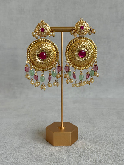 Ayura Designs Jyoti Set with Earrings & Tikka – Gold Disc Necklace with Ruby Pink, Mint Green & Pearl Detailing