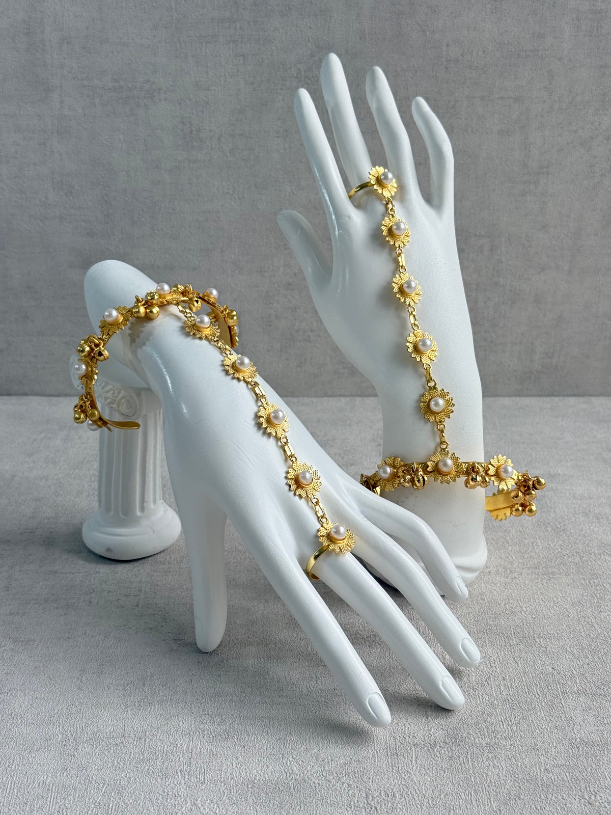 Ayura Designs Avanti Haathphool Set of 2 – Gold Finish Floral Hand Harness with Ivory Pearls & Ghungroo Detailing