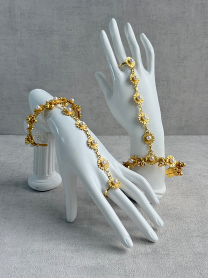 Ayura Designs Avanti Haathphool Set of 2 – Gold Finish Floral Hand Harness with Ivory Pearls & Ghungroo Detailing