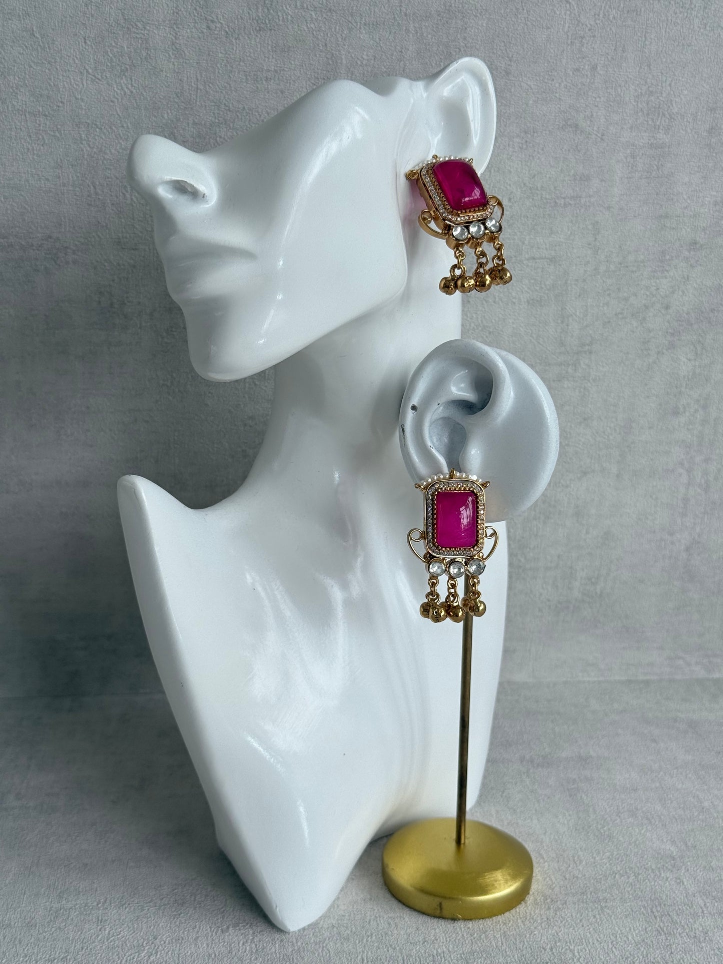 Ayura Designs Aleena Earrings – Rani Pink Stone Stud Earrings with Pearls & Ghungroo Detailing